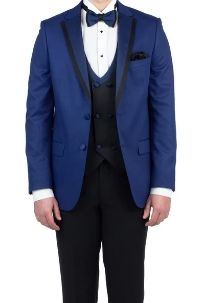 Lacivert Gabardin Mono Yaka Astarlı Yelekli 6 Drop Slim Fit Dar Kesim Smokin Damatlık 1001190153 - Resim 2