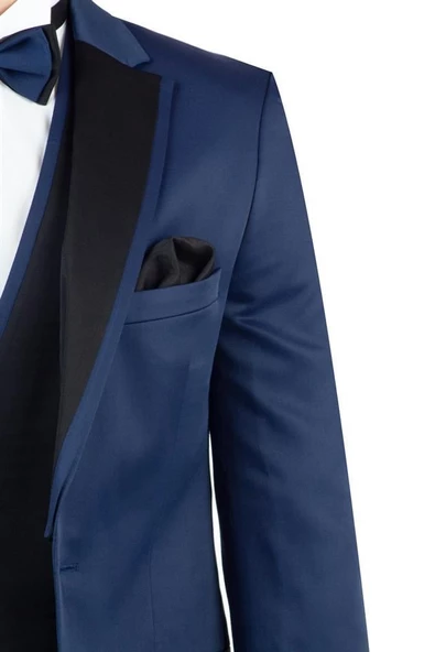 Lacivert Saten Mono Yaka Astarlı Yelekli 6 Drop Slim Fit Dar Kesim Smokin Damatlık 1001190152 - Resim 4