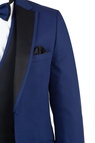 Lacivert Armürlü Mono Yaka Astarlı Yelekli 6 Drop Slim Fit Smokin Damatlık 1001190150 - Resim 4