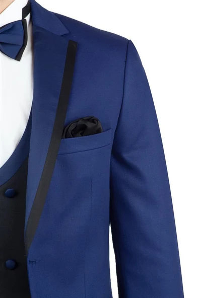 Lacivert Gabardin Mono Yaka Astarlı Yelekli 6 Drop Slim Fit Dar Kesim Smokin Damatlık 1001190153 - Resim 4