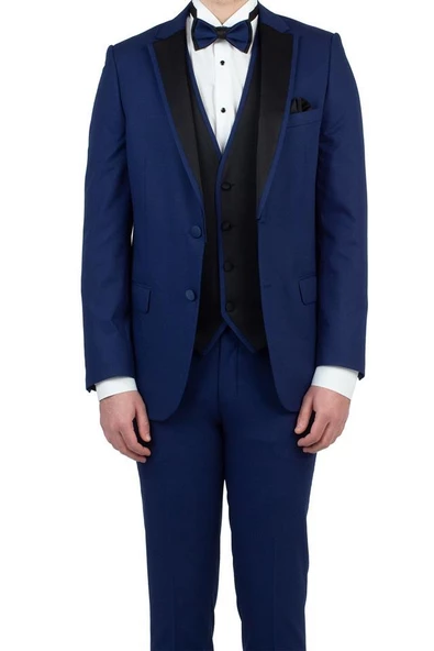 Lacivert Armürlü Mono Yaka Astarlı Yelekli 6 Drop Slim Fit Smokin Damatlık 1001190150 - Resim 2