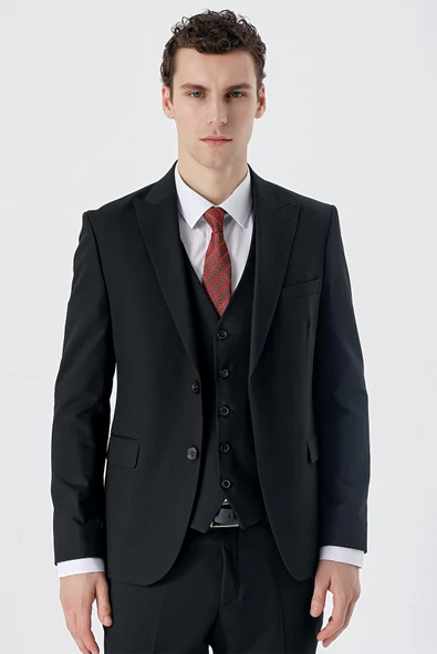 Siyah Armürlü Kırlangıç Yaka Yelekli Likralı 6 Drop Slim Fit Klasik Takım Elbise 1001240150