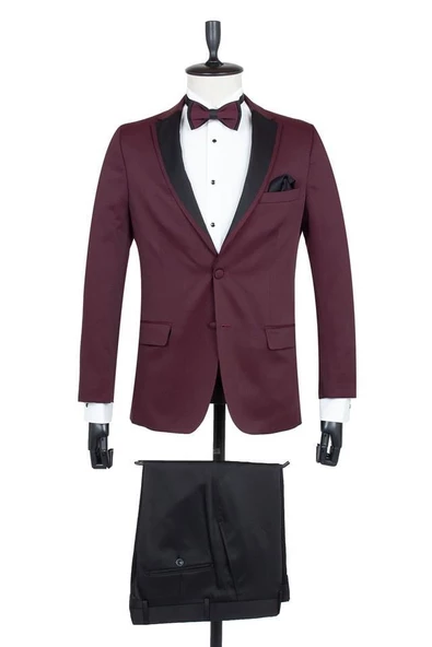 Bordo Desenli Armürlü Mono Yaka Astarlı 6 Drop Slim Fit Dar Kesim Smokin Damatlık 1001195190