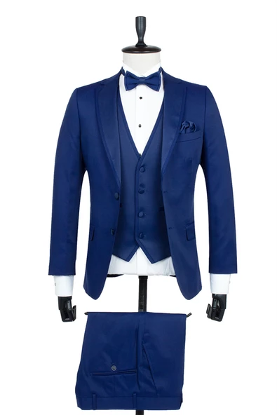 Lacivert Armürlü Mono Yaka Astarlı Yelekli 6 Drop Slim Fit Smokin Damatlık 1001195219