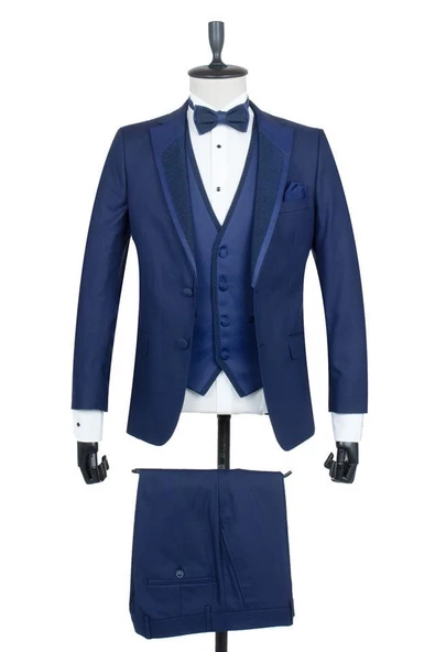 Lacivert Gabardin Mono Yaka Astarlı Yelekli 6 Drop Slim Fit Dar Kesim Smokin Damatlık 1001195166