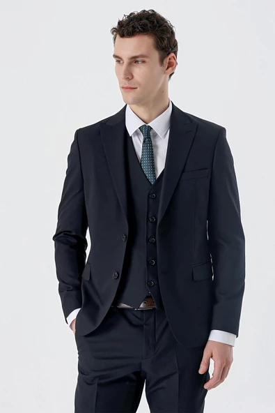 Koyu Lacivert Kırlangıç Yaka Yelekli Likralı 6 Drop Slim Fit Klasik Takım Elbise 1001240150