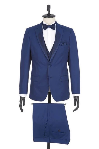 Lacivert Gabardin Mono Yaka Astarlı Yelekli 6 Drop Slim Fit Dar Kesim Smokin Damatlık 1001190166 - Resim 3