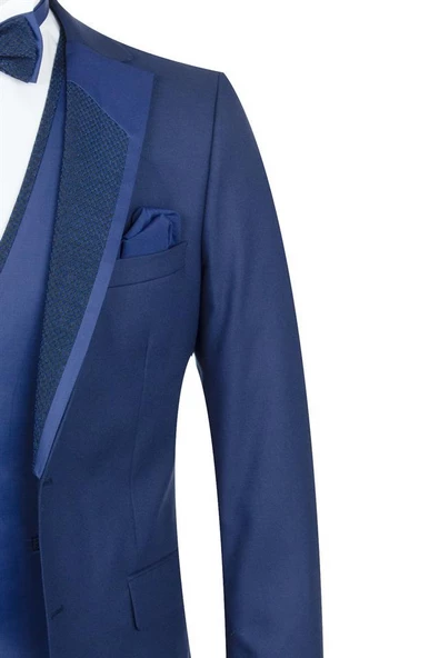 Lacivert Gabardin Mono Yaka Astarlı Yelekli 6 Drop Slim Fit Dar Kesim Smokin Damatlık 1001195166 - Resim 2