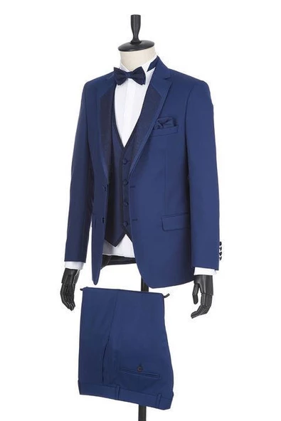 Lacivert Gabardin Mono Yaka Astarlı Yelekli 6 Drop Slim Fit Dar Kesim Smokin Damatlık 1001190166 - Resim 2