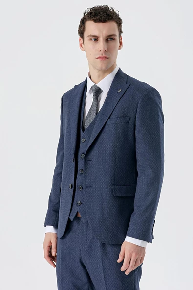 Koyu Lacivert Kırlangıç Yaka Yelekli 6 Drop Slim Fit Dar Kesim Klasik Takım Elbise 1001235168