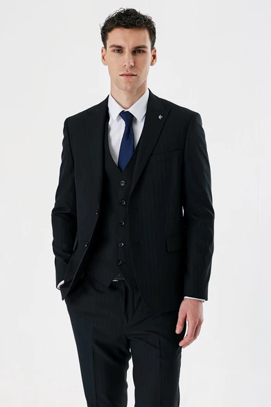 Siyah Kırlangıç Yaka Yelekli 6 Drop Slim Fit Dar Kesim Klasik Takım Elbise 1001235165