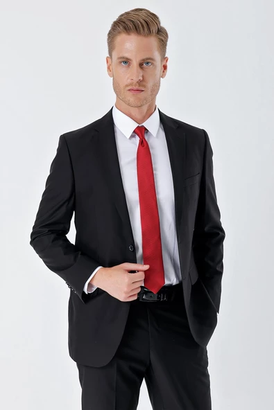 Siyah Gabardin Mono Yaka 8 Drop Slim Fit Dar Kesim Basic Takım Elbise 1001240006 - Resim 3