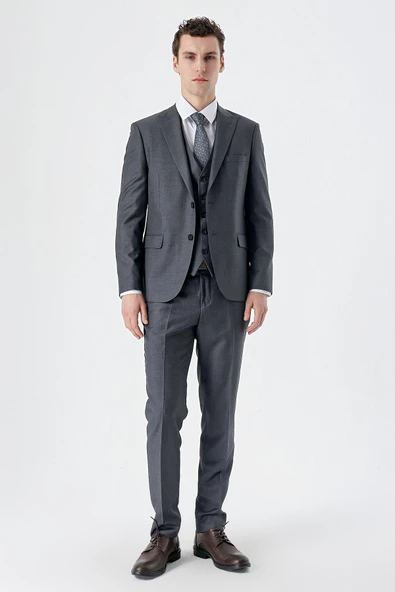 Koyu Füme Kırlangıç Yaka Yelekli 6 Drop Slim Fit Dar Kesim Klasik Takım Elbise 1001235166 - 7