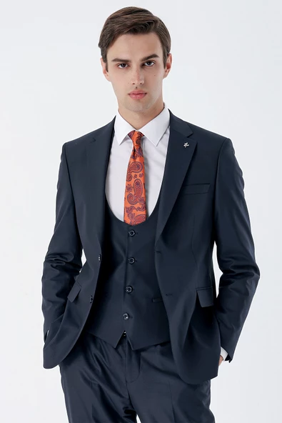 Lacivert Mono Yaka Astarlı Yelekli 6 Drop Slim Fit Dar Kesim Basic Takım Elbise 1001235186 - 5