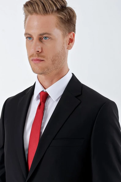 Siyah Gabardin Mono Yaka 8 Drop Slim Fit Dar Kesim Basic Takım Elbise 1001240006 - Resim 7