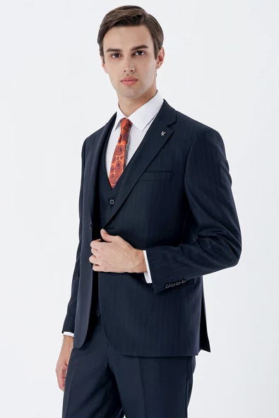 Koyu Lacivert Çizgili Mono Yaka Yelekli 6 Drop Slim Fit Dar Kesim Klasik Takım Elbise 1001235160