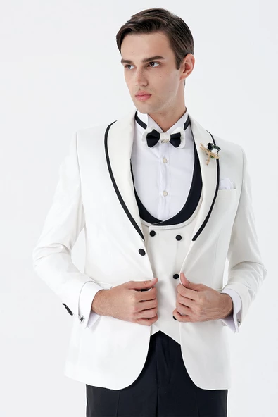 Beyaz Desenli Armürlü Kruvaze 6 Drop Slim Fit Smokin Damatlık Takım 1001230214
