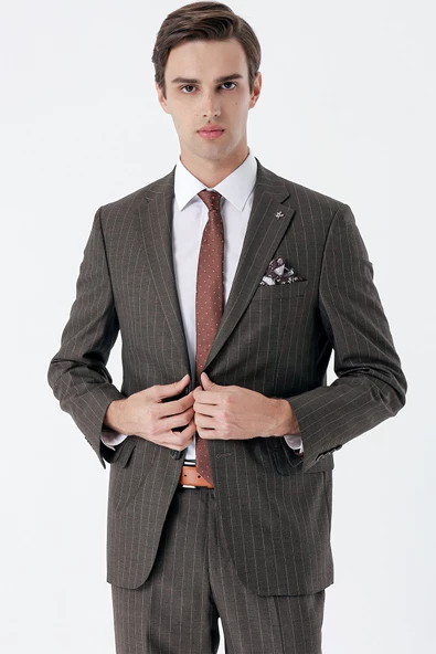Koyu Kahverengi Çizgili Mono Yaka 6 Drop Comfort Fit Rahat Kesim Klasik Takım Elbise 1001235158