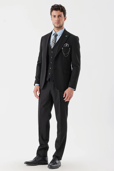Siyah Desenli Armürlü Kırlangıç Yaka Yelekli Likralı 6 Drop Slim Fit Takım Elbise 1001235154 - 6