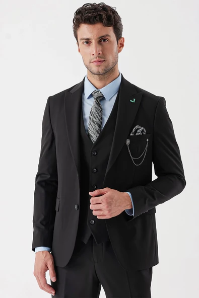 Siyah Desenli Armürlü Kırlangıç Yaka Yelekli Likralı 6 Drop Slim Fit Takım Elbise 1001235154