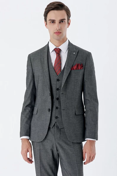 Siyah Desenli Kırlangıç Yaka Yelekli 6 Drop Slim Fit Dar Kesim Klasik Takım Elbise 1001235159