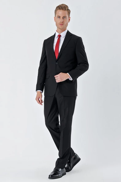 Siyah Gabardin Mono Yaka Astarlı 6 Drop Comfort Fit Rahat Kesim Basic Takım Elbise 1001235010 - Resim 8