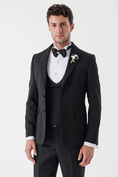 Siyah Desenli Armürlü Kruvaze 6 Drop Slim Fit Smokin Damatlık Takım 1001230214