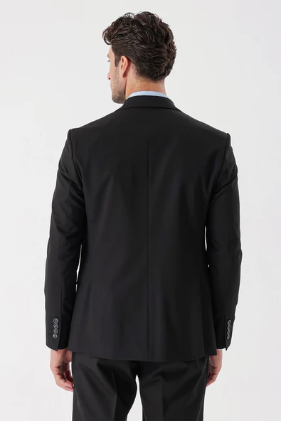 Siyah Desenli Armürlü Kırlangıç Yaka Yelekli Likralı 6 Drop Slim Fit Takım Elbise 1001235154 - 8