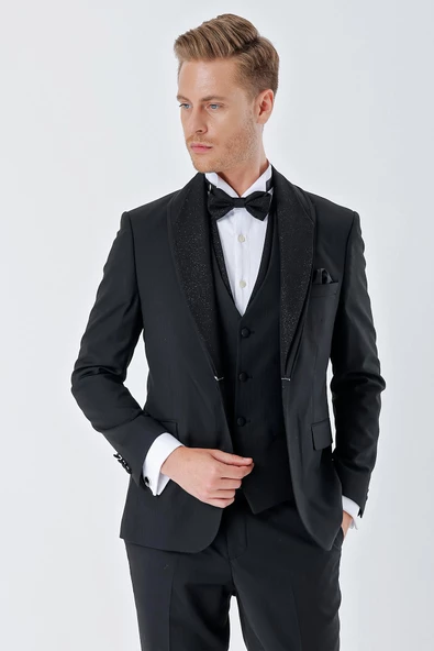 Siyah Çizgili Çıkarılabilir Şal Yaka Yelekli 6 Drop Slim Fit Smokin Damatlık Takım 1001230212