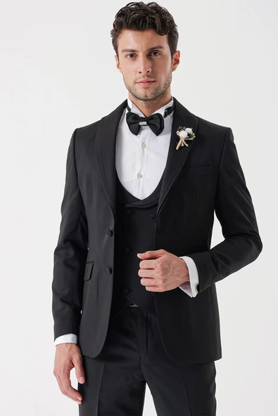 Siyah Desenli Armürlü Kruvaze 6 Drop Slim Fit Smokin Damatlık Takım 1001230214 - 5