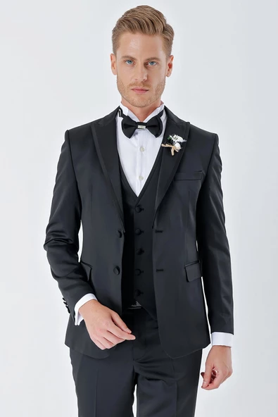 Siyah Desenli Armürlü Çıkarılabilir Kırlangıç Yaka 6 Drop Slim Fit Smokin Damatlık Takım 1001230213 - Resim 7
