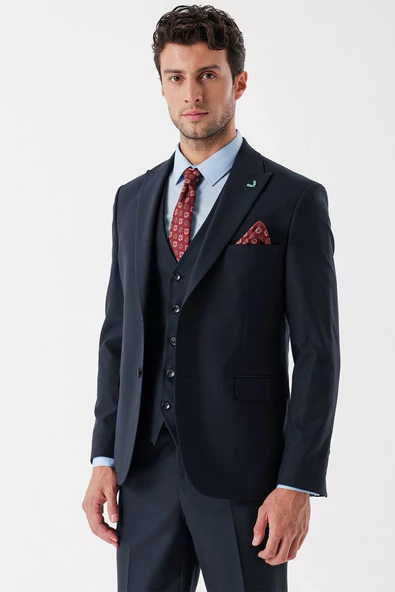 Koyu Lacivert Armürlü Kırlangıç Yaka Yelekli Likralı 6 Drop Slim Fit Takım Elbise 1001235156