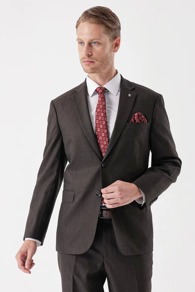 Koyu Kahverengi Armürlü Mono Yaka 4 Drop Comfort Fit Rahat Kesim Klasik Takım Elbise 1001235150