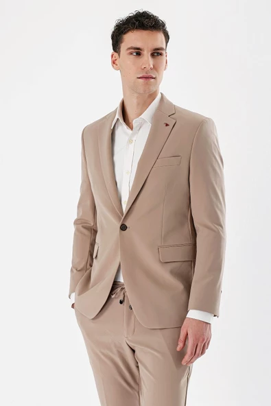 Taş Rengi Mono Yaka Çift Yırtmaç Likralı 6 Drop Slim Fit Dar Kesim Klasik Takım Elbise 1001240164 - 3