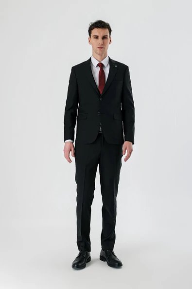 Siyah Kırlangıç Yaka Yünlü Likralı 6 Drop Slim Fit Dar Kesim Klasik Takım Elbise 1001240158 - 5