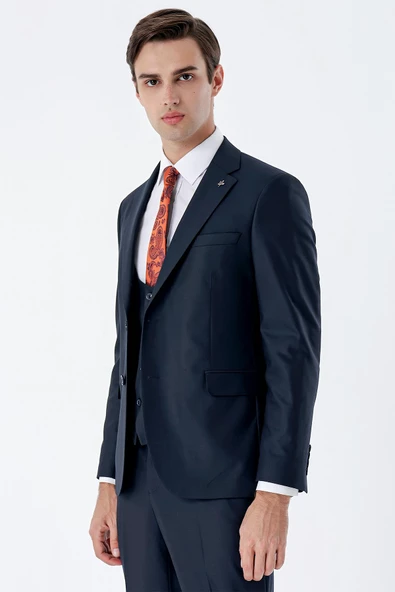 Lacivert Mono Yaka Astarlı Çift Yırtmaç Yelekli 6 Drop Slim Fit Dar Kesim Basic Takım 1001230186