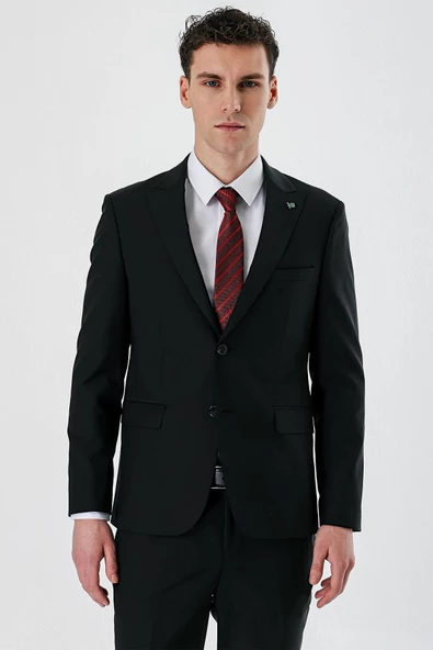 Siyah Kırlangıç Yaka Yünlü Likralı 6 Drop Slim Fit Dar Kesim Klasik Takım Elbise 1001240158 - 2
