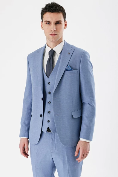 Mavi Desenli Kırlangıç Yaka Yelekli 6 Drop Slim Fit Dar Kesim Klasik Takım Elbise 1001240157