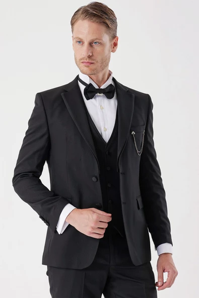 Siyah Armürlü Çıkarılabilir Mono Yaka Yelekli 6 Drop Slim Fit Smokin Damatlık Takım 1001230202 ürün görseli