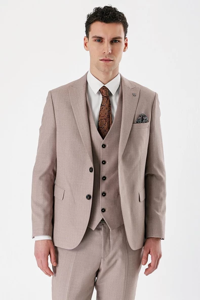 Bej Desenli Kırlangıç Yaka Yelekli 6 Drop Slim Fit Dar Kesim Klasik Takım Elbise 1001240157