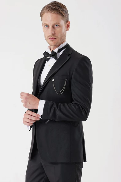 Siyah Armürlü Çıkarılabilir Mono Yaka Yelekli 6 Drop Slim Fit Smokin Damatlık Takım 1001230202 - Resim 2