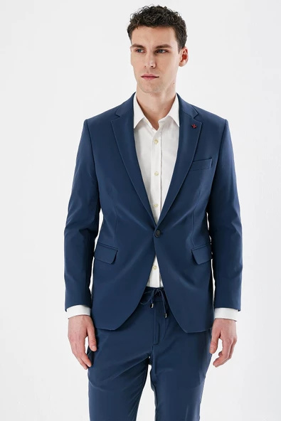 İndigo Mavi Mono Yaka Çift Yırtmaç Likralı 6 Drop Slim Fit Dar Kesim Klasik Takım Elbise 1001240164 - 3