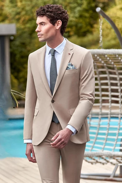 Taş Rengi Mono Yaka Çift Yırtmaç Likralı 6 Drop Slim Fit Dar Kesim Klasik Takım Elbise 1001240164