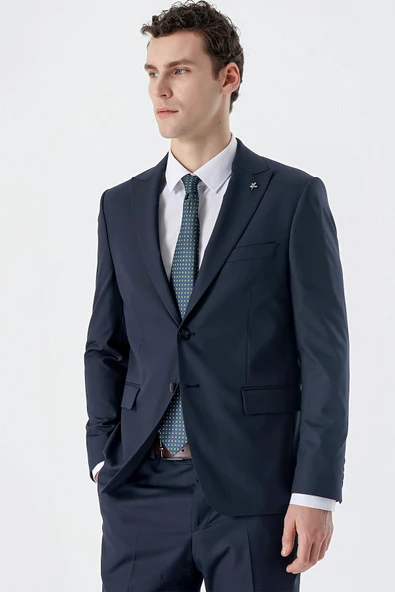 Koyu Lacivert Kırlangıç Yaka Yünlü Likralı 6 Drop Slim Fit Dar Kesim Klasik Takım Elbise 1001235175