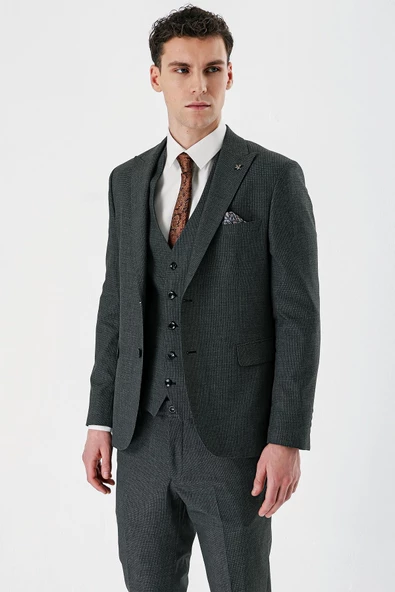 Koyu Antrasit Kırlangıç Yaka Yelekli 6 Drop Slim Fit Klasik Takım Elbise 1001240155