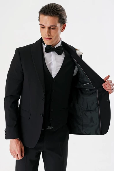Siyah Çıkarılabilir Şal Yaka Yelekli Likralı 6 Drop Slim Fit Smokin Damatlık 1001240202 - Resim 10