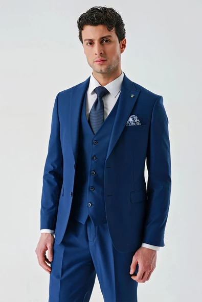 Lacivert Gabardin Kırlangıç Yaka Yelekli 6 Drop Slim Fit Klasik Takım Elbise 1001240187 - Resim 12