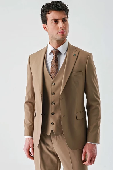 Tütün Gabardin Kırlangıç Yaka Yelekli Likralı 6 Drop Slim Fit Klasik Takım Elbise 1001240188 ürün görseli
