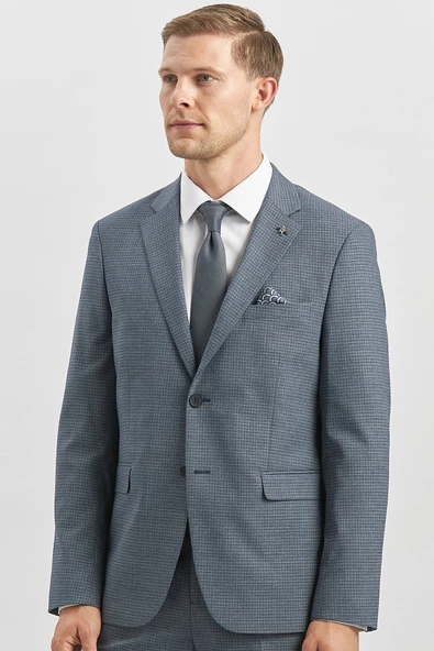 Koyu Lacivert Desenli Mono Yaka Astarlı 6 Drop Slim Fit Dar Kesim Takım Elbise 1001240174 - Resim 8