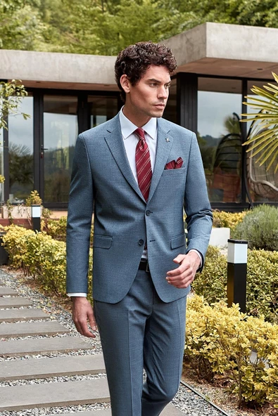 Koyu Lacivert Desenli Mono Yaka Astarlı 6 Drop Slim Fit Dar Kesim Takım Elbise 1001240174 - Resim 2